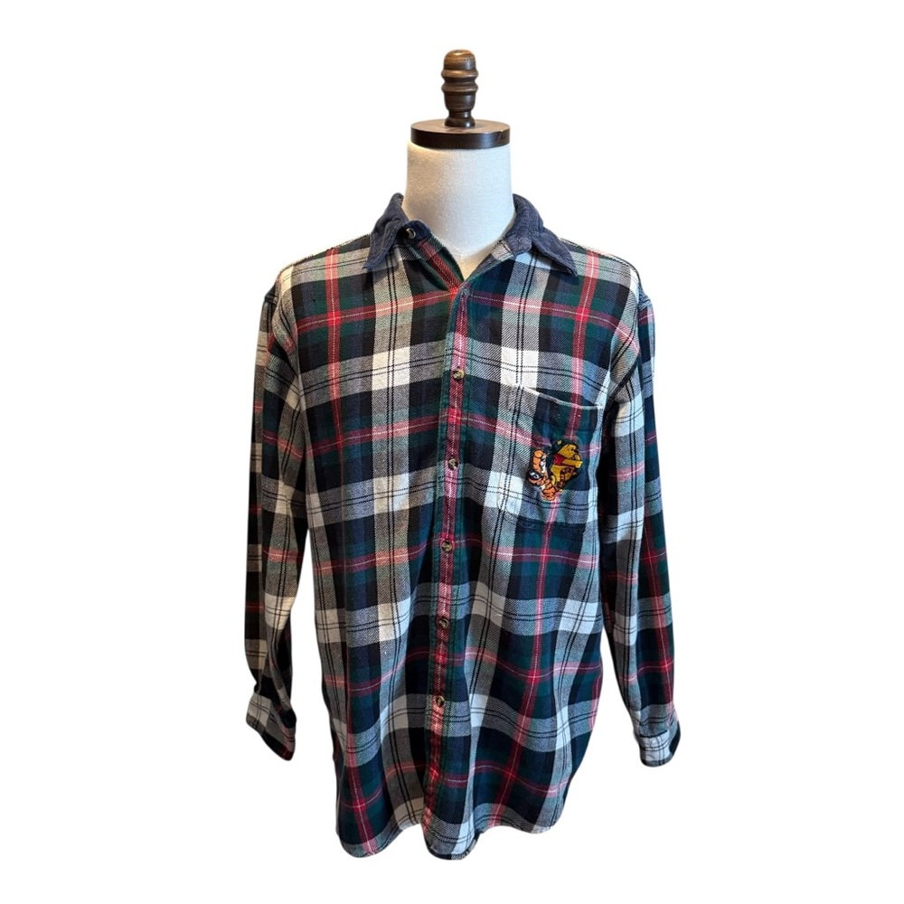 Vtg Disney Flannel Shirt Men's Large Blue Red White Plaid Winnie The Pooh Tigger